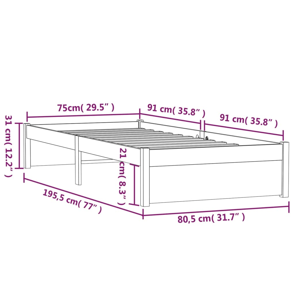 Bed Frame without Mattress White Solid Wood 75x190 cm Small Single