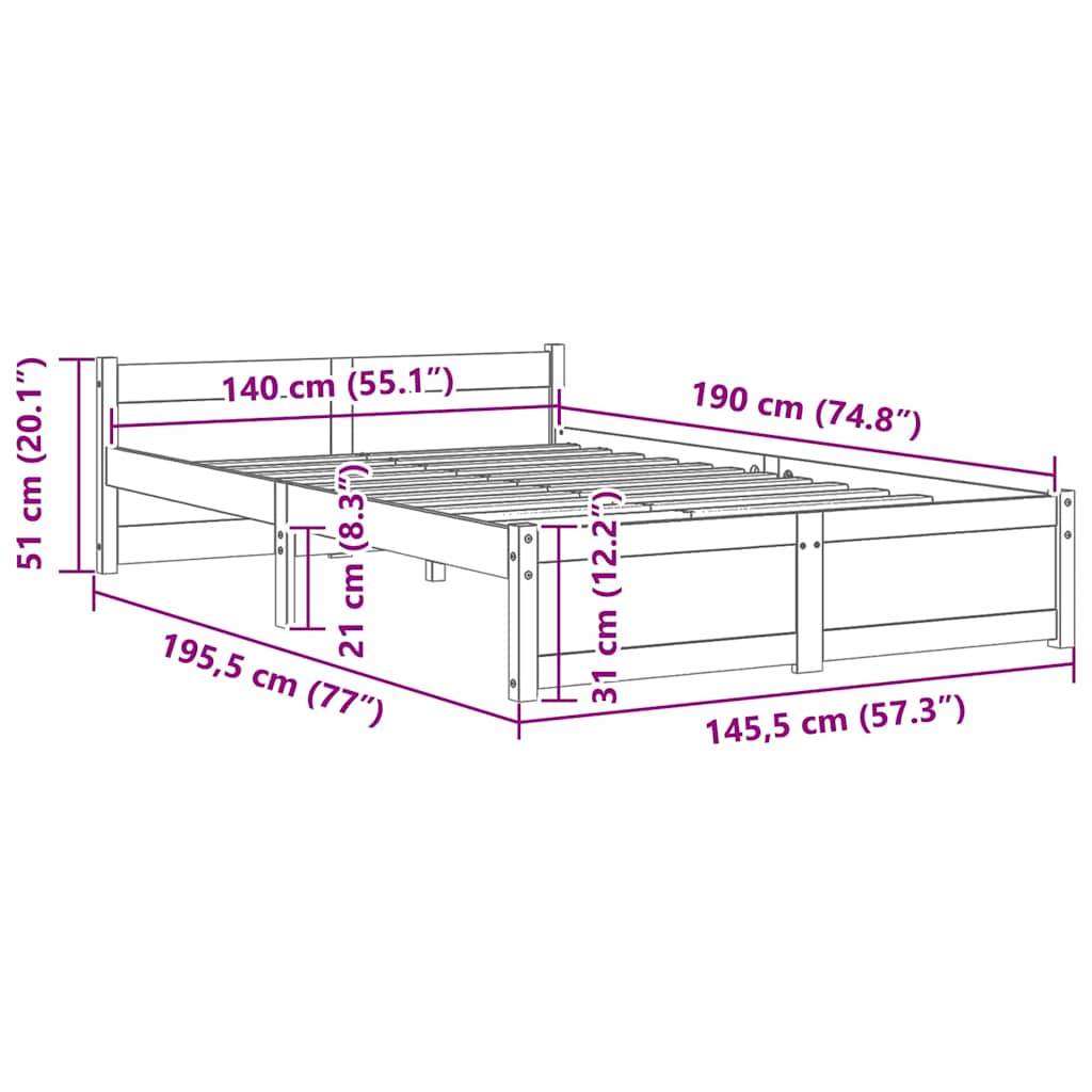 Bed Frame without Mattress White Solid Wood 140x190 cm