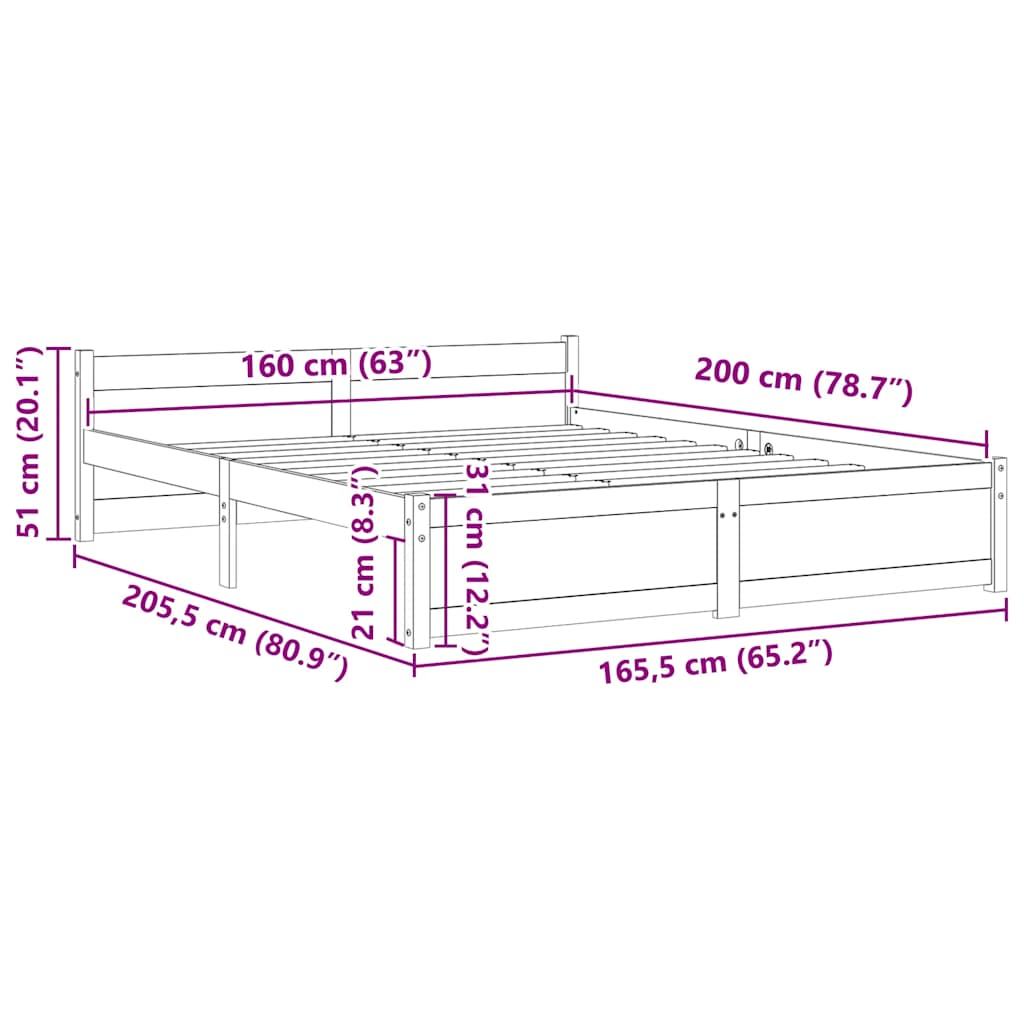 Bed Frame without Mattress White Solid Wood 160x200 cm
