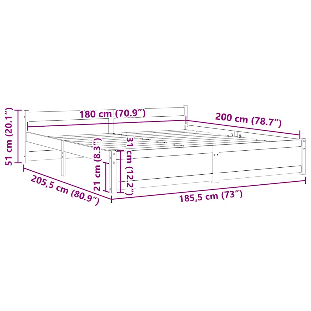 Bed Frame without Mattress Solid Wood 180x200 cm Super King Super King Size
