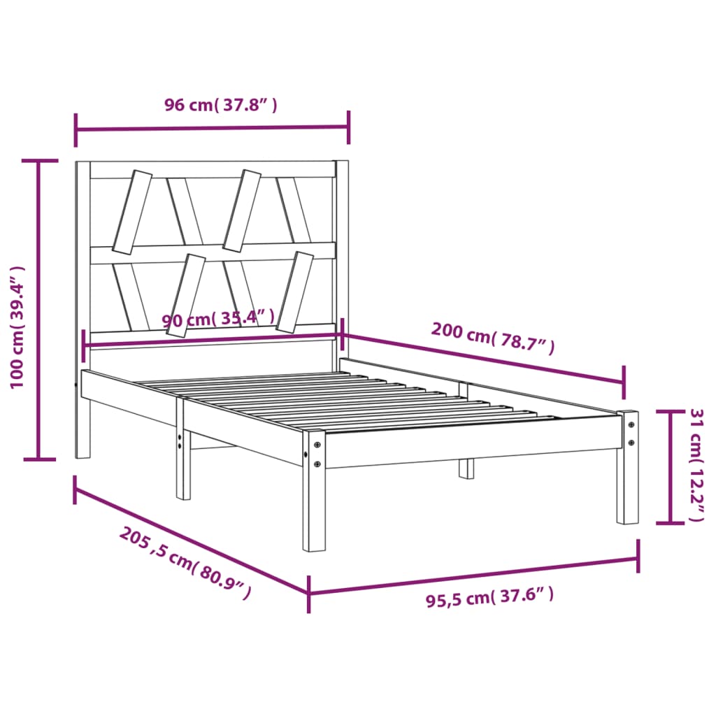 3103983 vidaXL Bed Frame without Mattress Solid Wood 90x200 cm (810002+818600)