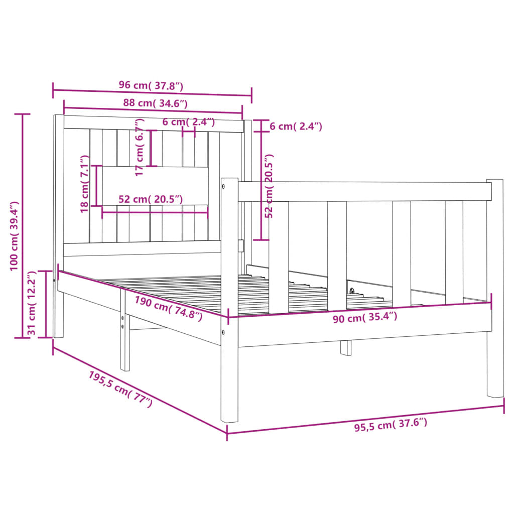 Bed Frame without Mattress White Solid Wood 90x190 cm Single Single