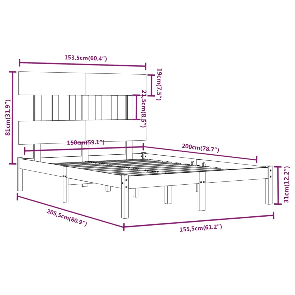 Bed Frame without Mattress 150x200 cm King Size Solid Wood