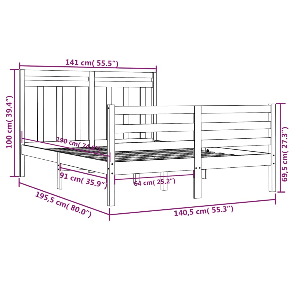 Bed Frame without Mattress White 135x190 cm Double Solid Wood