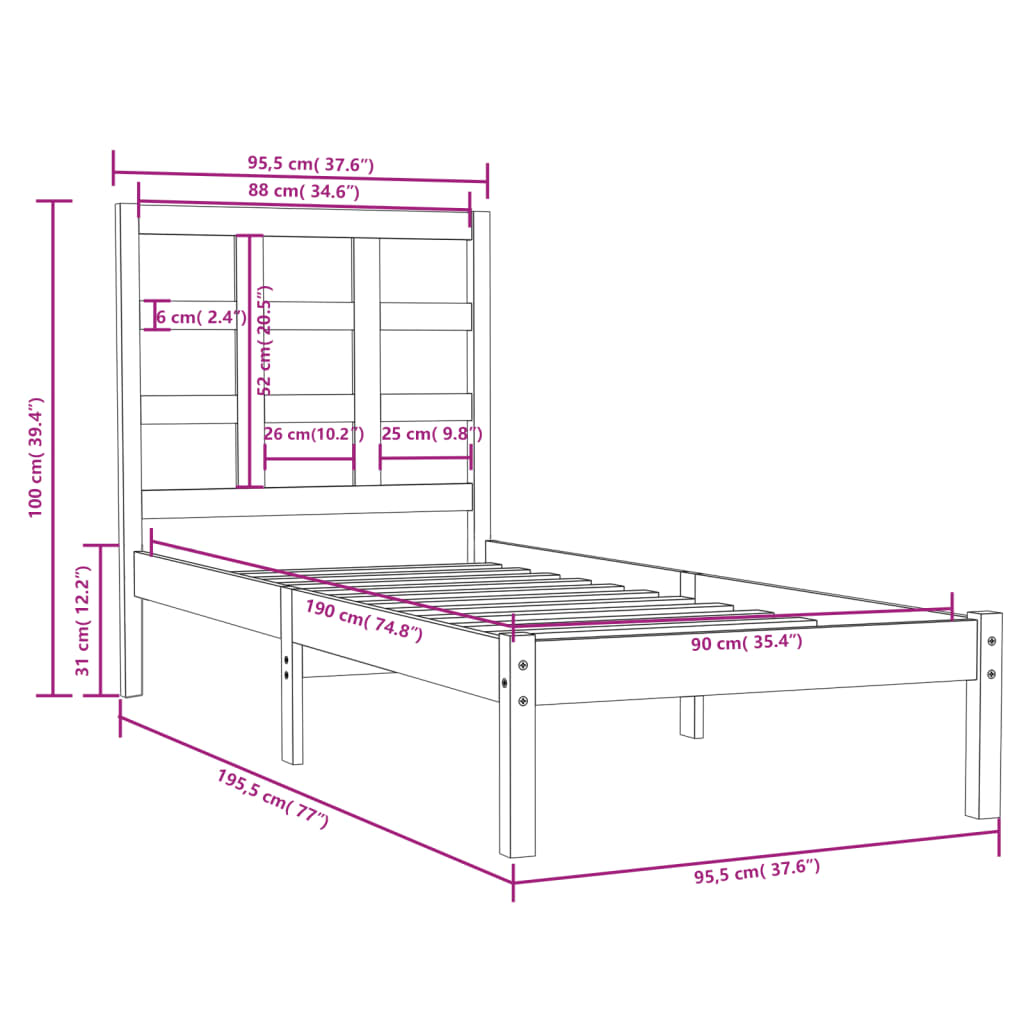 Bed Frame without Mattres 90x190 cm Singles Solid Wood