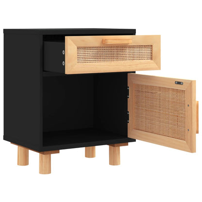 Bedside Cabinets 2 pcs Black Solid Wood Pine and Natural Rattan