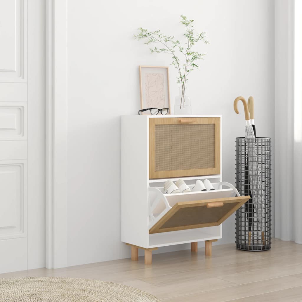 Shoe Cabinet White 52x25x80 cm Engineered Wood&Natural Rattan