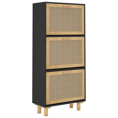 Shoe Cabinet Black 52x25x115 cm Engineered Wood&Natural Rattan