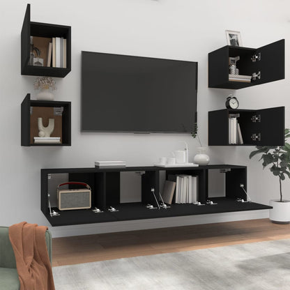 6 Piece TV Cabinet Set Black Engineered Wood