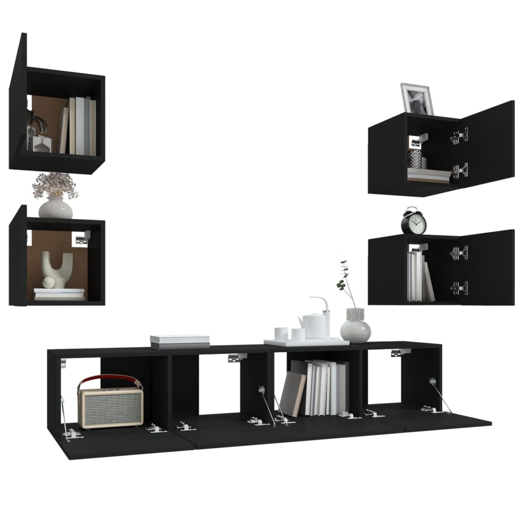 6 Piece TV Cabinet Set Black Engineered Wood
