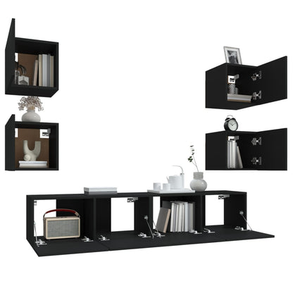6 Piece TV Cabinet Set Black Engineered Wood