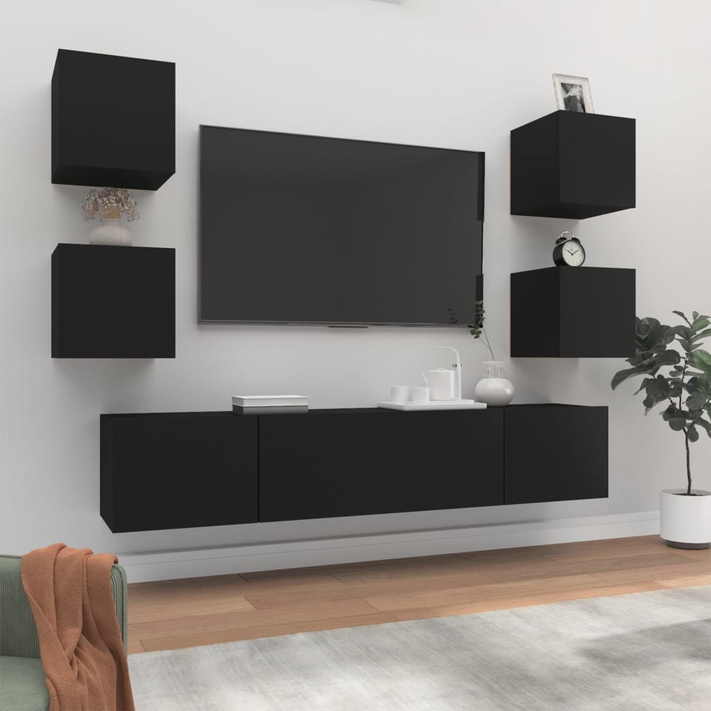6 Piece TV Cabinet Set Black Engineered Wood