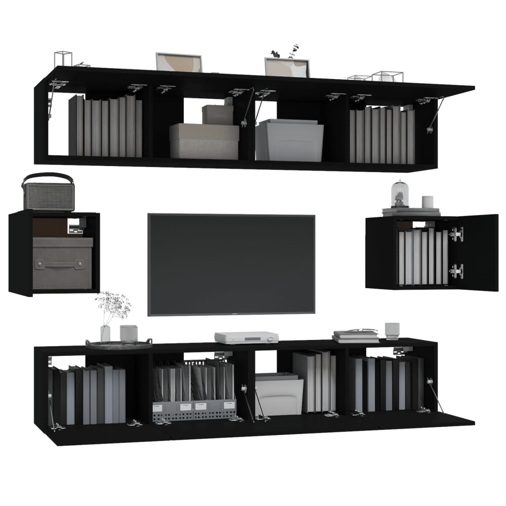 6 Piece TV Cabinet Set Black Engineered Wood
