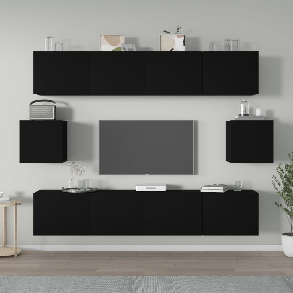 6 Piece TV Cabinet Set Black Engineered Wood
