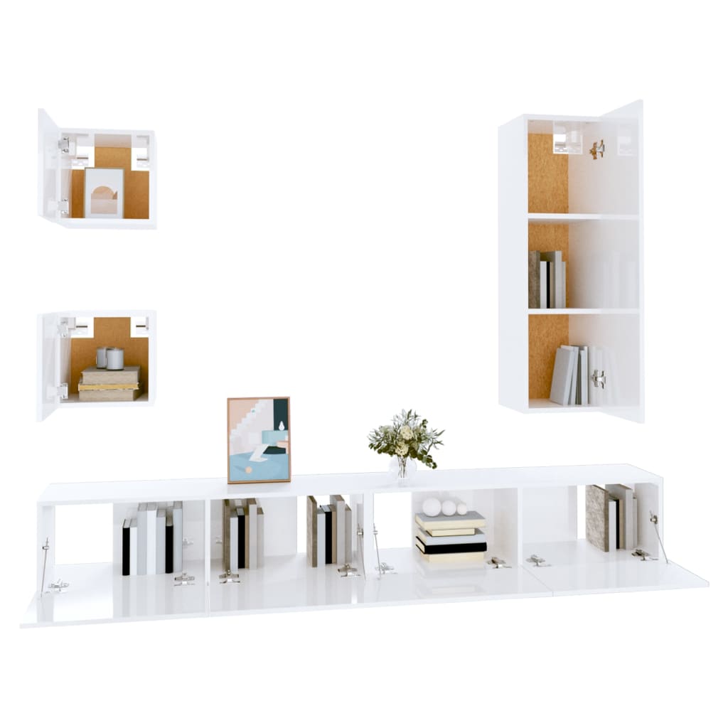 5 Piece TV Cabinet Set White Engineered Wood