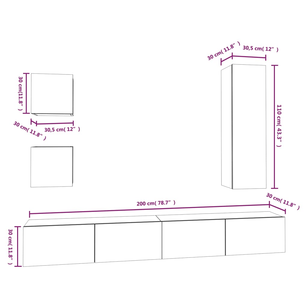5 Piece TV Cabinet Set White Engineered Wood