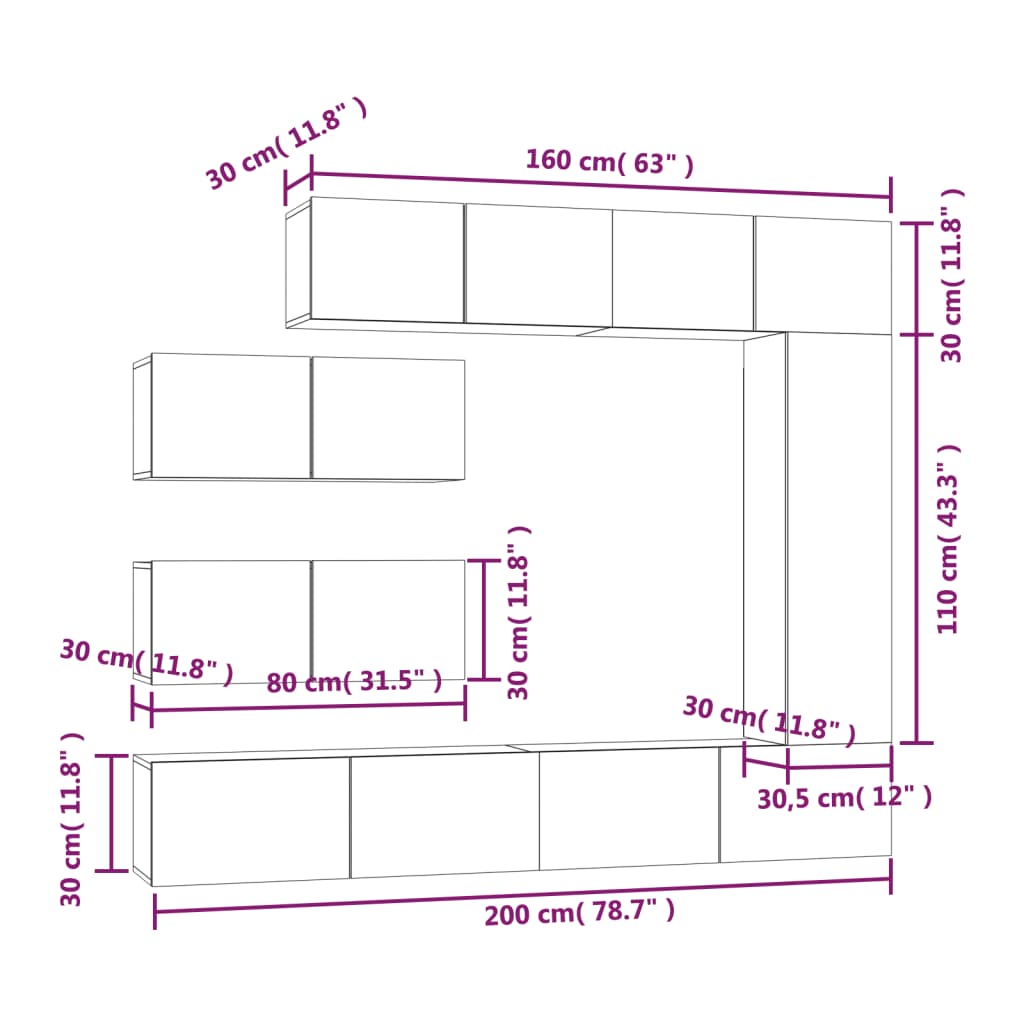 7 Piece TV Cabinet Set White Engineered Wood