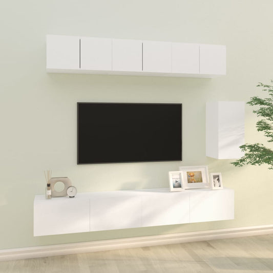 6 Piece TV Cabinet Set White Engineered Wood