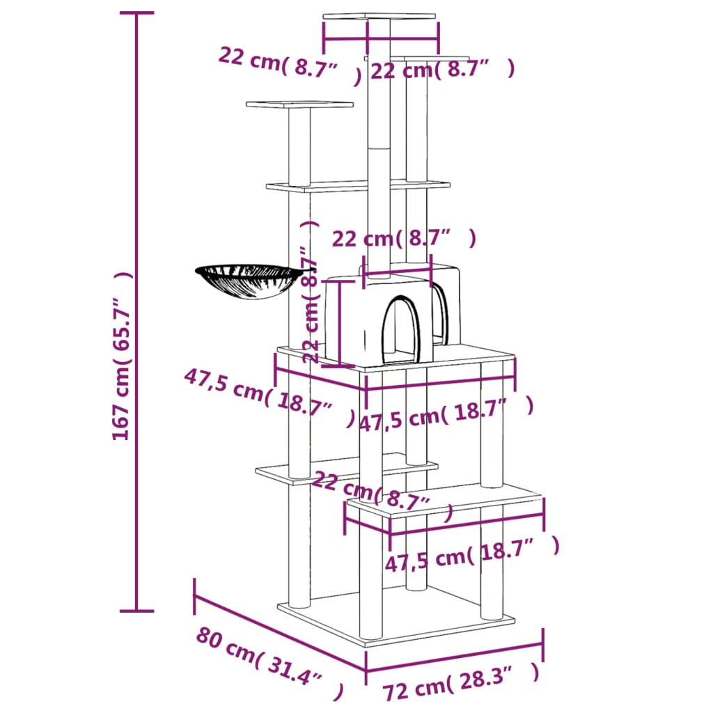 Cat Tree with Sisal Scratching Posts Light Grey 167 cm