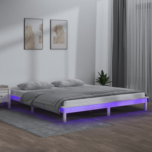LED Bed Frame without Mattress White 150x200 cm King Size  Solid Wood