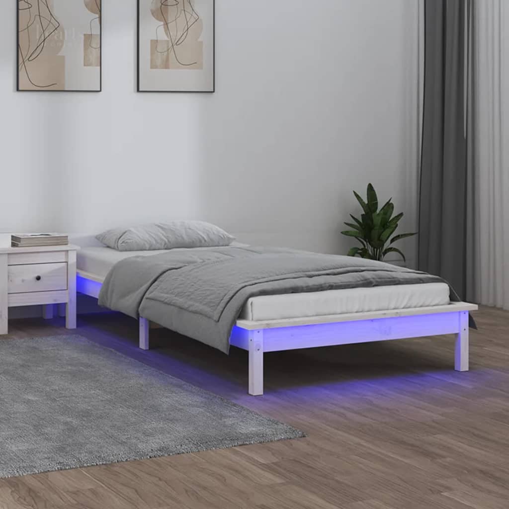 LED Bed Frame without Mattress White 75x190 cm Small Single  Solid Wood