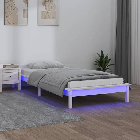 LED Bed Frame without Mattress White 75x190 cm Small Single  Solid Wood