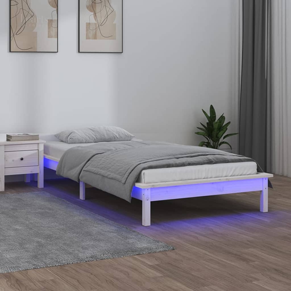 LED Bed Frame without Mattress White 90x190 cm Single Single Solid Wood
