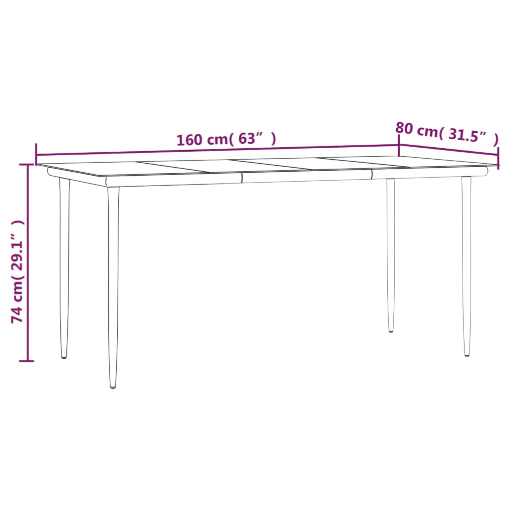 Garden Dining Table Black 160x80x74cm Steel and Tempered Glass