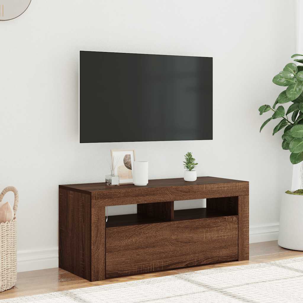 TV Cabinet with LED Lights Brown Oak 90x35x40 cm