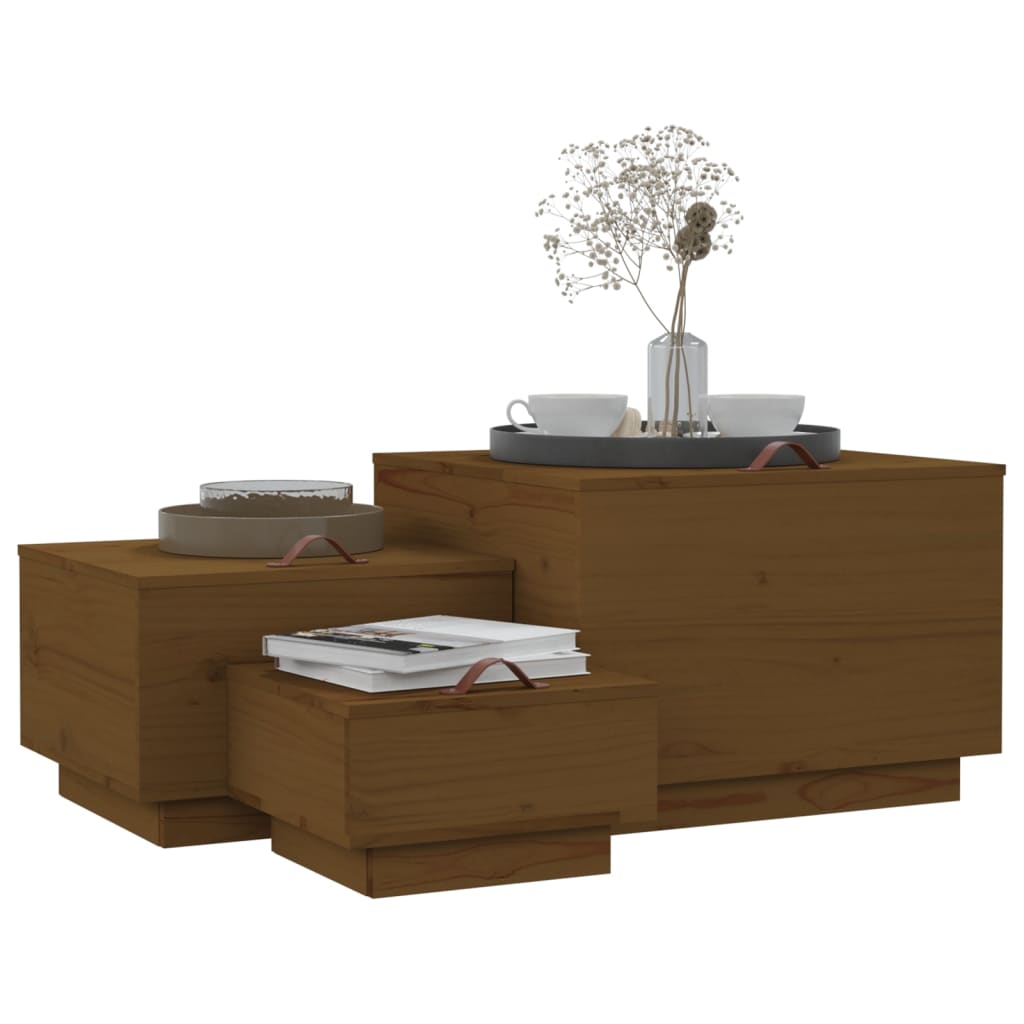 Storage Boxes with Lids 3 pcs Honey Brown Solid Wood Pine