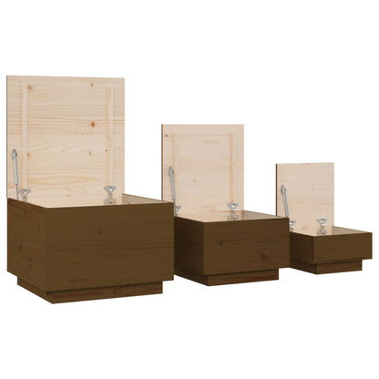 Storage Boxes with Lids 3 pcs Honey Brown Solid Wood Pine