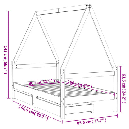 Kids Bed Frame with Drawers 80x160 cm Solid Wood Pine