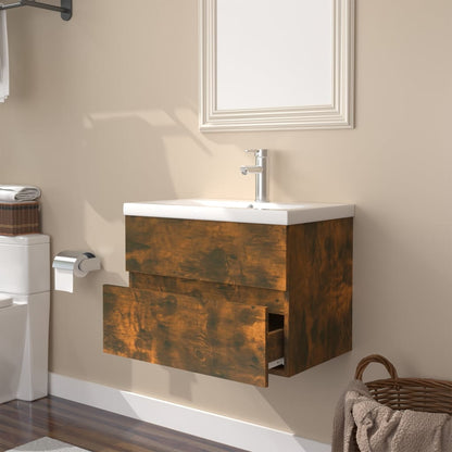 Sink Cabinet with Built-in Basin Smoked Oak Engineered Wood