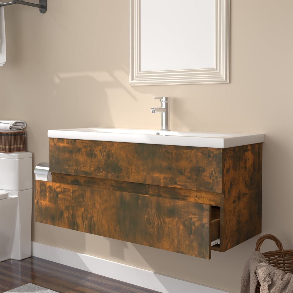 Sink Cabinet with Built-in Basin Smoked Oak Engineered Wood