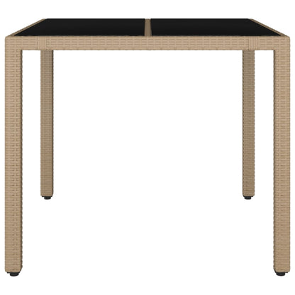 Garden Table with Glass Top Beige Poly Rattan&Tempered Glass