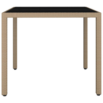 Garden Table with Glass Top Beige Poly Rattan&Tempered Glass