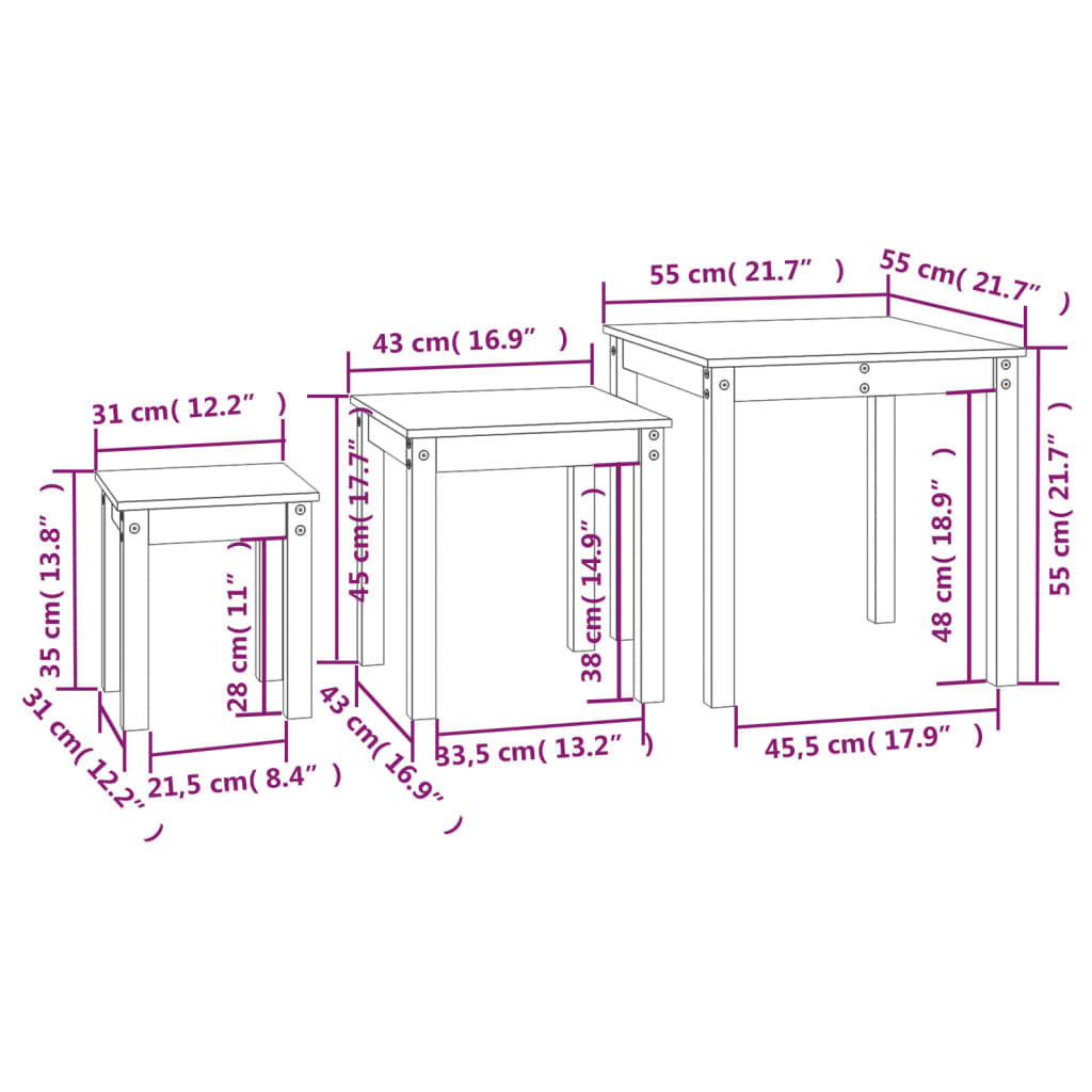 Nesting Tables 3 pcs Black Solid Wood Pine