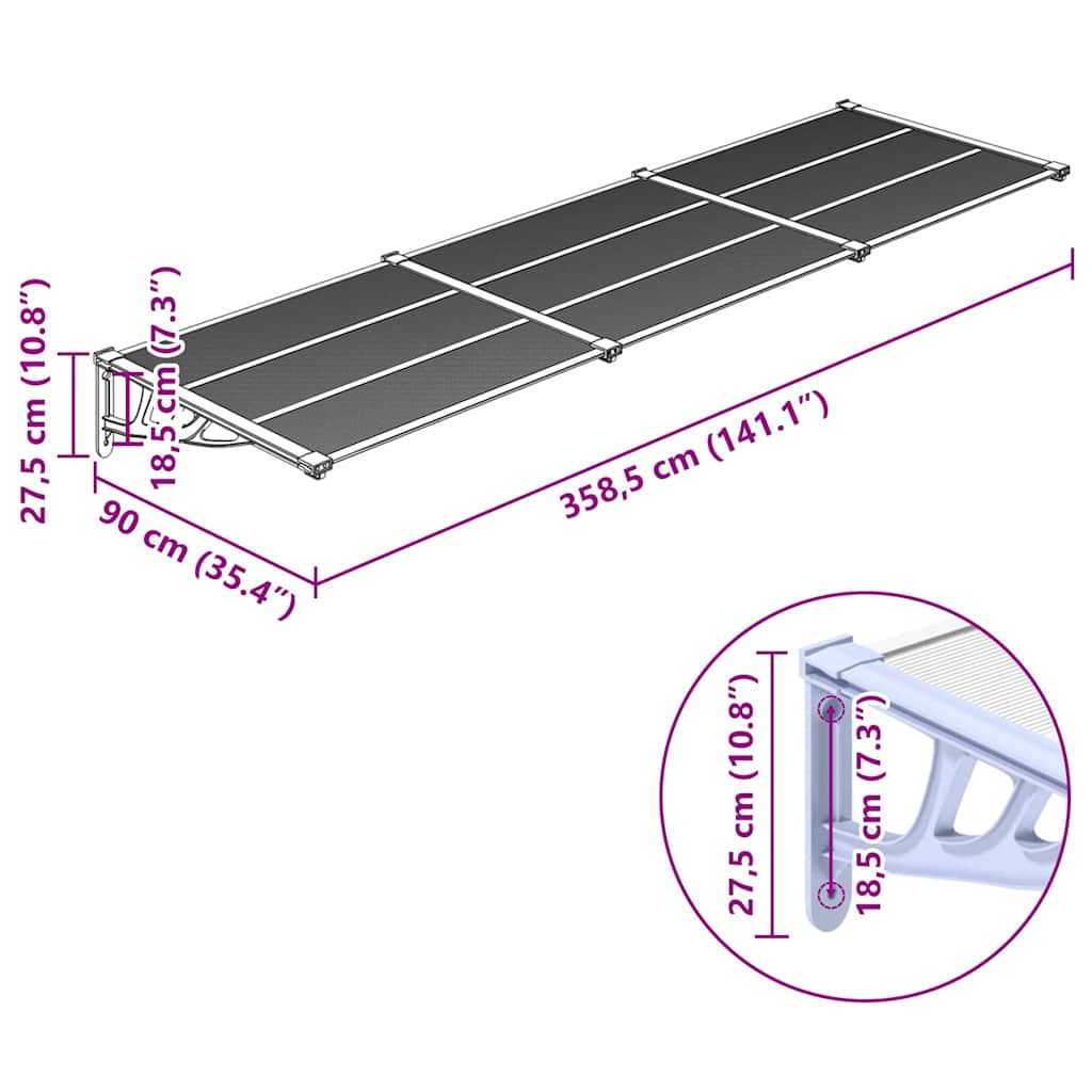 Door Canopy Grey and Transparent 358.5x90 cm Polycarbonate