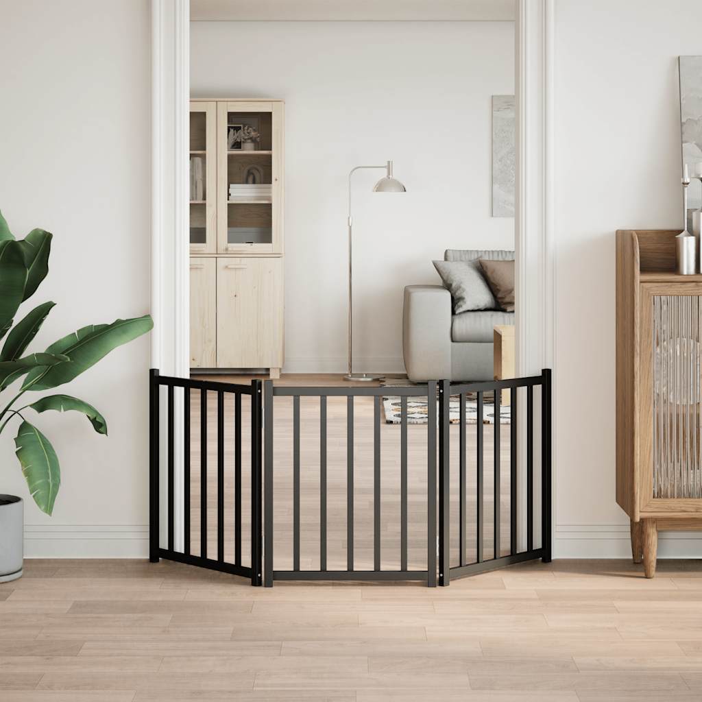 Dog Gate Foldable 3 Panels Black 150 cm Solid Wood Fir