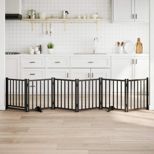 Dog Gate with Door Foldable 6 Panels Black 300 cm Solid Wood Fir