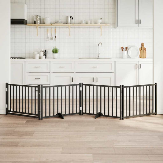 Dog Gate with Door Foldable 4 Panels Black 320 cm Solid Wood Fir