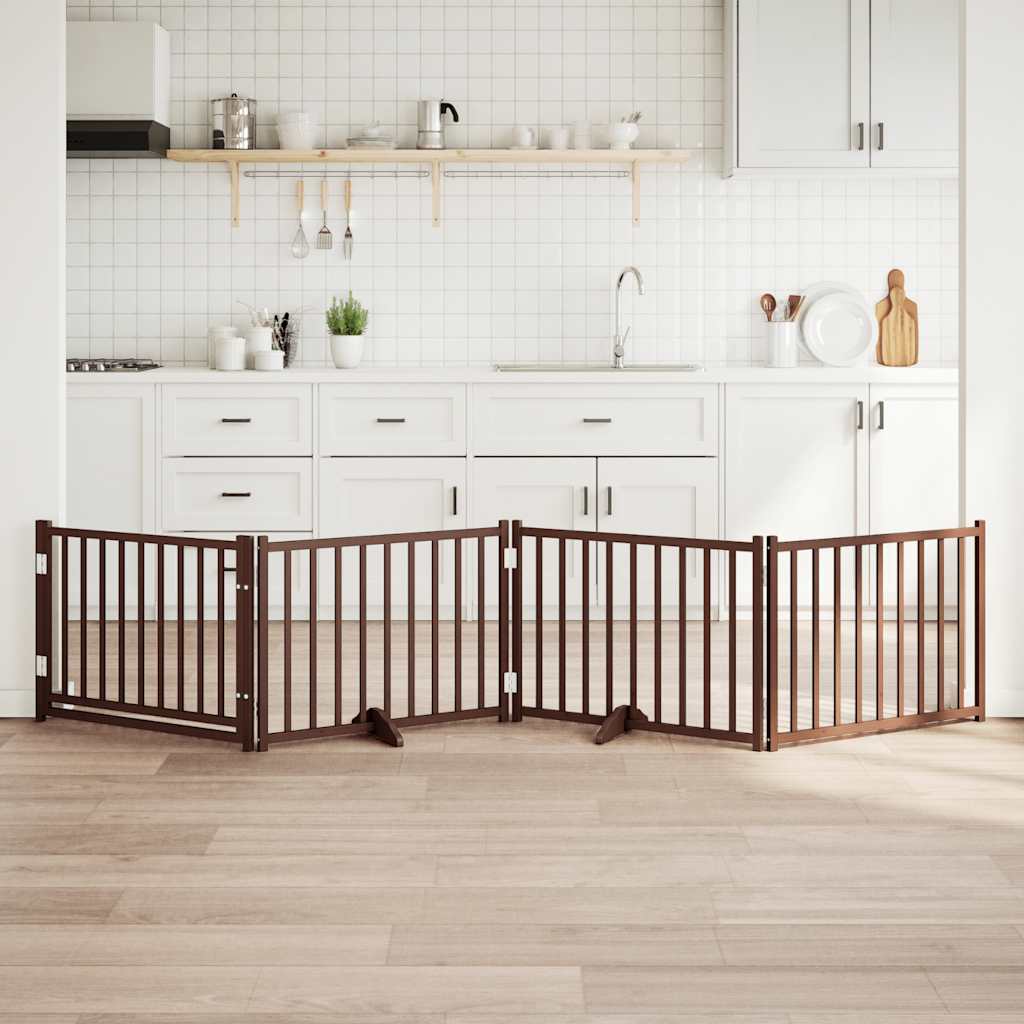 Dog Gate with Door Foldable 4 Panels Brown Oak 320 cm Solid Wood Fir
