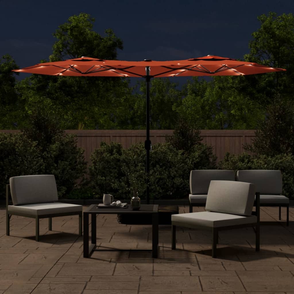 Double-Head Garden Parasol with LEDs Terracotta 316x145 cm