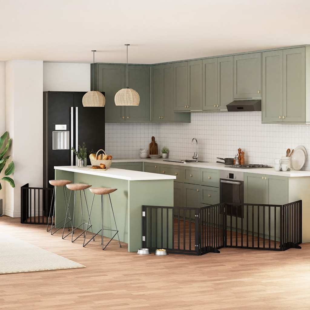 Dog Gate with Door Foldable 8 Panels Black 640 cm Poplar Wood