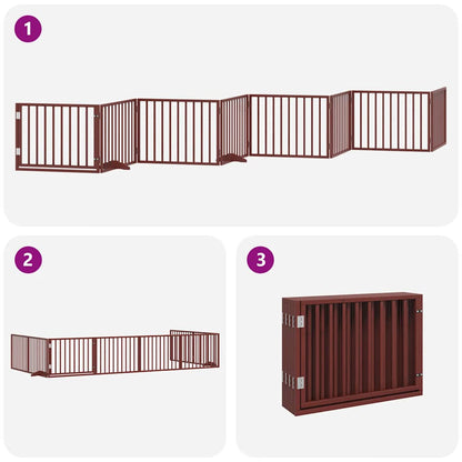 Dog Gate with Door Foldable 8 Panels Brown 640 cm Poplar Wood