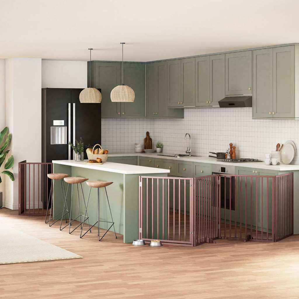 Dog Gate with Door Foldable 8 Panels Brown 640 cm Poplar Wood