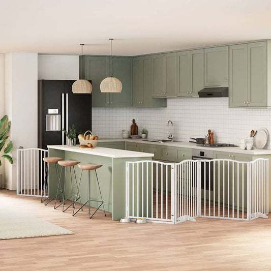 Dog Gate with Door Foldable 8 Panels White 640 cm Poplar Wood