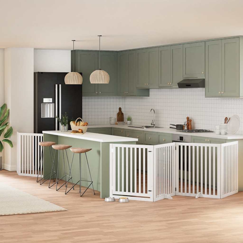 Dog Gate with Door Foldable 8 Panels White 640 cm Poplar Wood