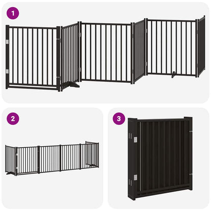 Dog Gate with Door Foldable 6 Panels Black 480 cm Poplar Wood
