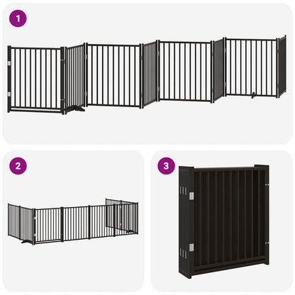 Dog Gate with Door Foldable 8 Panels Black 640 cm Poplar Wood